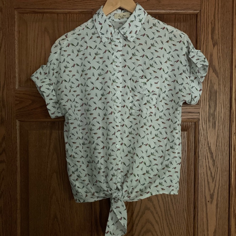 Love Notes Women's White Button Up Blouse Birds